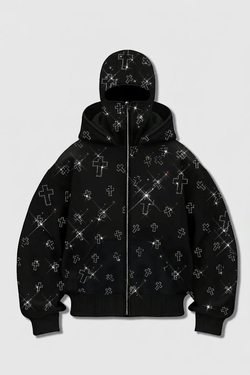 Men'S Street Style Rhinestone Hoomen'S Street Style Rhinestone Hooded Sweatshirt, Pocket and Zip Design, Fall & Winter Wear, Geometric Pattern, Fitted Fitded Sweatshirt, Pocket and Zip Design, Fall & Winter Wear, Geometric Pattern, Fitted Fit