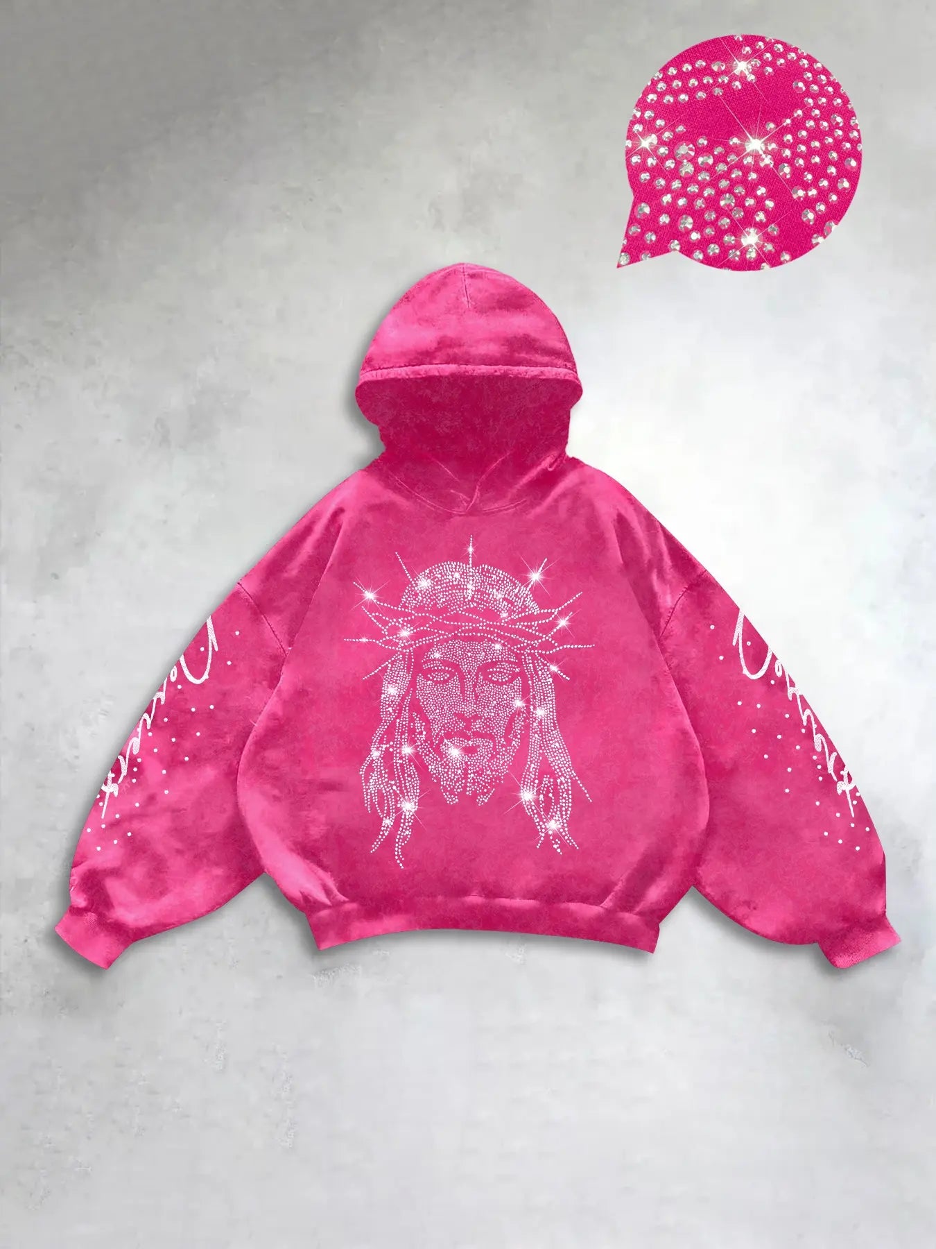 Men'S Casual Hooded Sweatshirt, Rhinestone Jesus Print, Trendy and Versatile, Regular Fit, Street Style, All Seasons