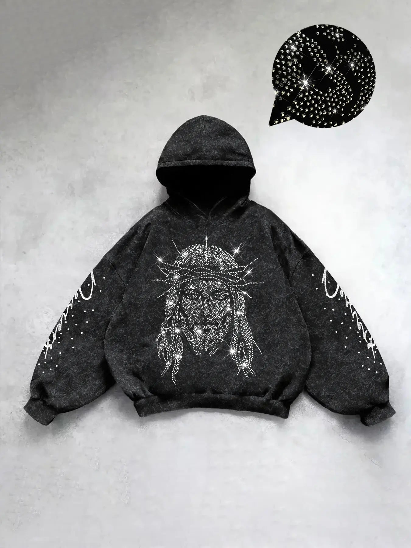 Men'S Casual Hooded Sweatshirt, Rhinestone Jesus Print, Trendy and Versatile, Regular Fit, Street Style, All Seasons